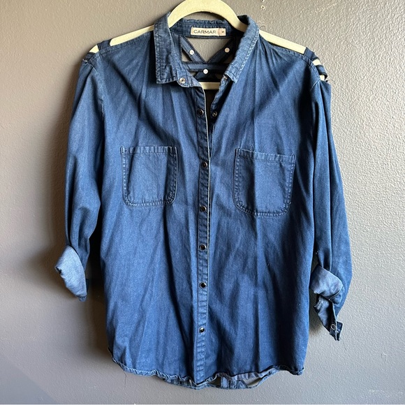 Blue denim LF cross back skull button down long sleeve shirt CARMAR - Picture 2 of 4